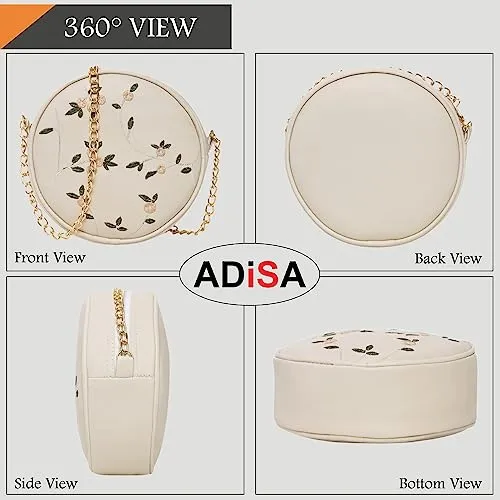 ADISA women girls round embroided sling bag (Off White)