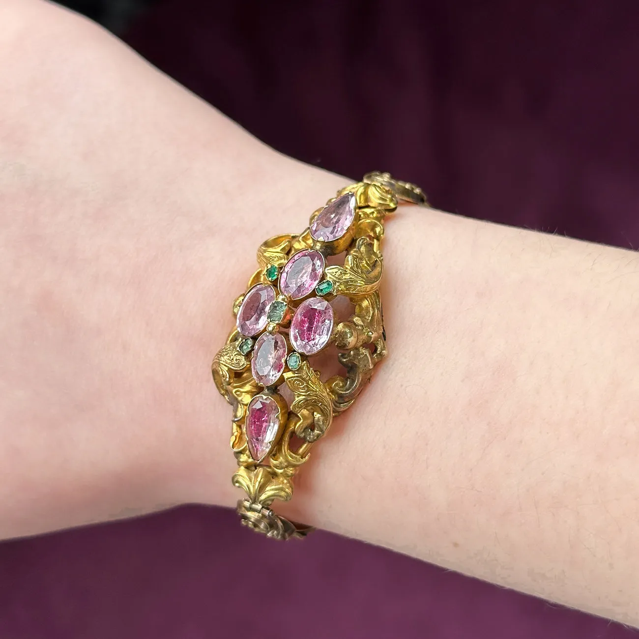 Antique Victorian Pink Topaz Emerald Bracelet 18ct Gold With Box