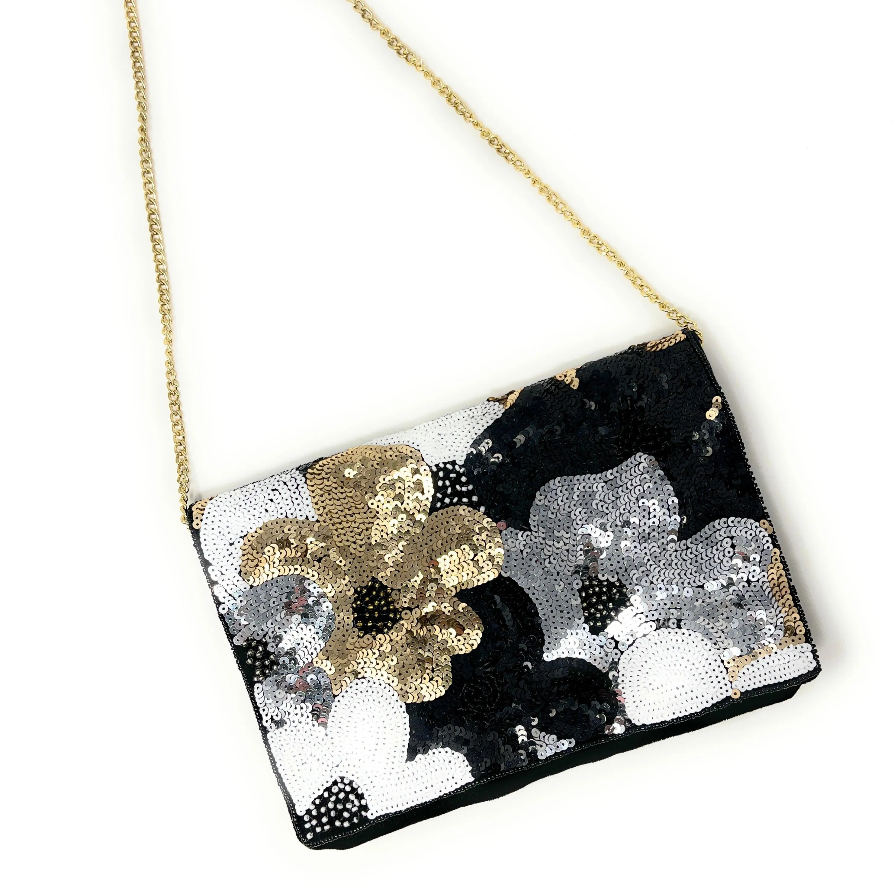 Black Silver Sequin Velour Clutch Purse