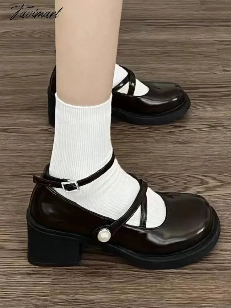 Tavimart French Vintage Mary Jane Shoes Women Beading Elegant Sweet High Heel Shoes Female Holiday Cross Tie Korean Fashion Shoes